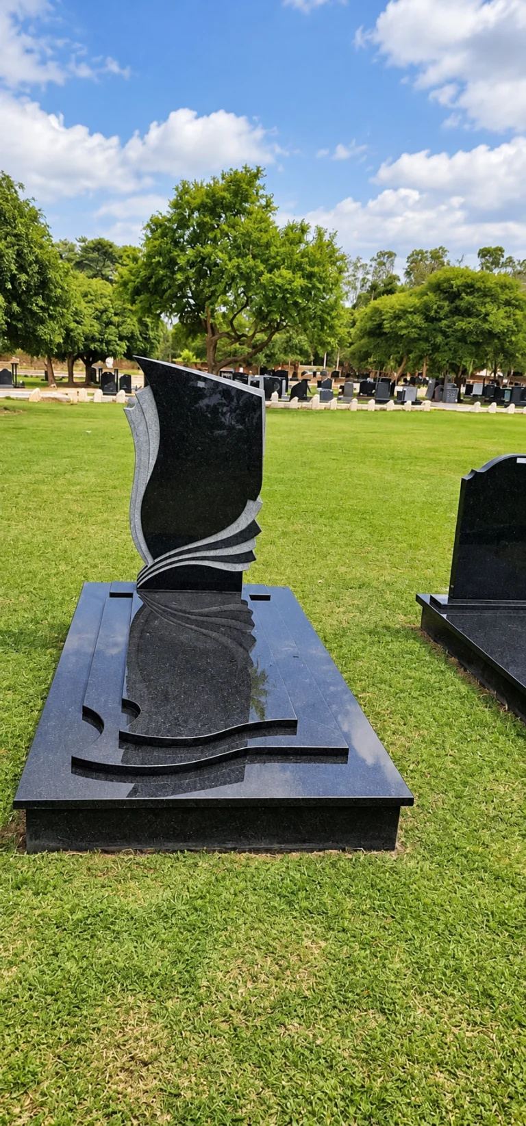 Black granite headstone with grey layered edges standing on a carved black ledger, on a lawn