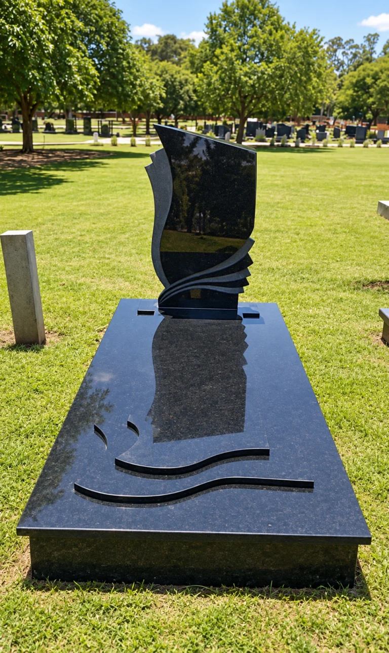 Black granite headstone with layered wave-shaped edges on a polished ledger slab with curved inlays, in a cemetery