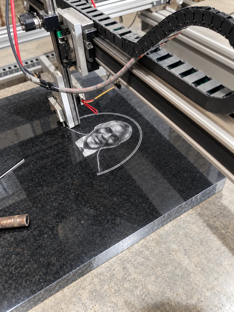 Engraving head working on a portrait image on a slab of polished black granite
